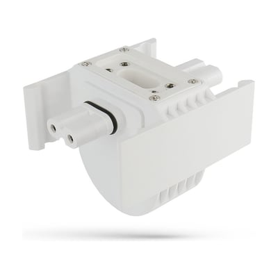 Hvid SpectrumLED LED-konnektor fra Limea Slim-serien med to synlige tilslutninger og skruer på toppen.