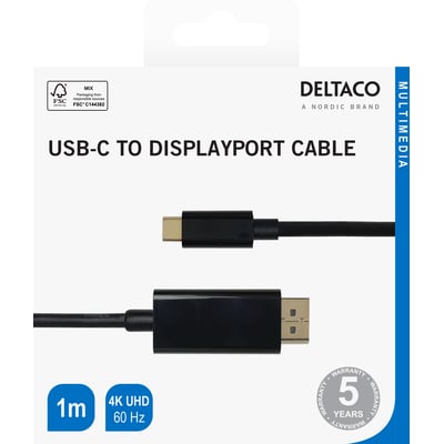 Deltaco USB-C til DisplayPort-kabel, 1 meter og sort, vist på emballagen med stik og 4K UHD ved 60 Hz.