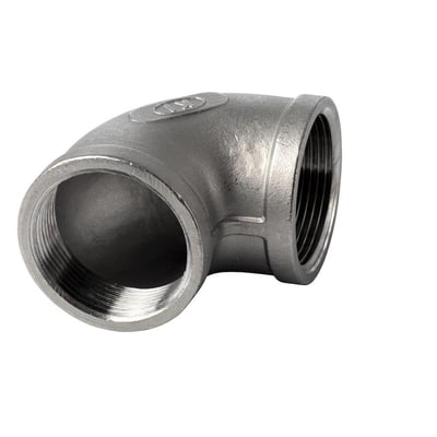 Rustfri stålvinkel 90 grader med 3/4" gevind i AISI 316, egnet til drikkevandsinstallationer.