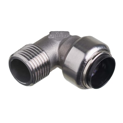 Roth vinkel nippel med 15mm rørdimension og 1/2" gevind, fremstillet i skinnende rustfrit stål.