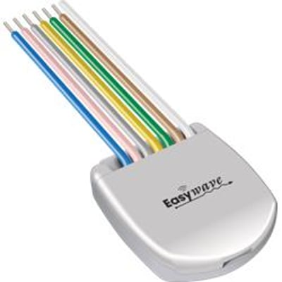 Nærbillede af Niko mini RF-interface, der viser brandnavnet 'Easywave' og tilslutningsledningerne i forskellige farver.