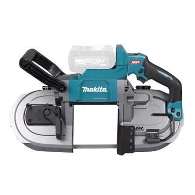 Makita 40V XGT akku båndsav PB002GZ med 40V batteri monteret, viser siden af værktøjet.