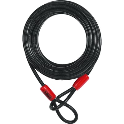 ABUS Wire Cobra stålwire i sort med en diameter på 10 mm og en længde på 10 meter, præsenteret oprullet med røde endestykker.