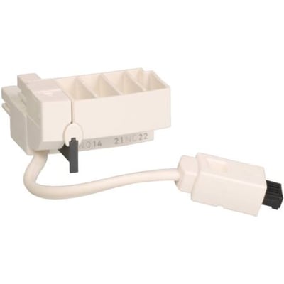 Schneider Electric klemmeblok i hvid plast til kommunikationsmodul, med tilsluttet kabel og stik.