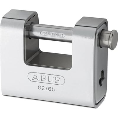 Abus hængelås 92 i sølvfarvet udførelse med rektangulær krop og vandret låsebøjle, 85 mm bred og 60 mm høj.