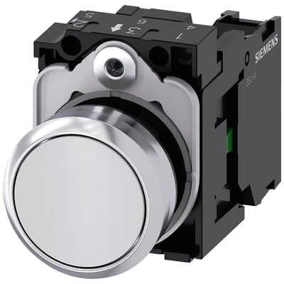 Siemens 22mm rund trykknap i metal med højglans finish og hvid knap, med 1 slutte (NO) og skrueterminaler.