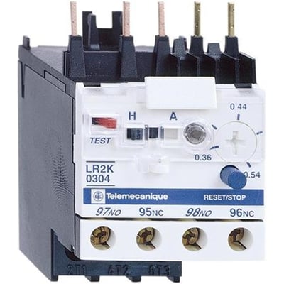 Schneider Electric TeSys K termorelæ LR2K0304, med justeringsskive fra 0,36 til 0,54A og Test/Stop knap.