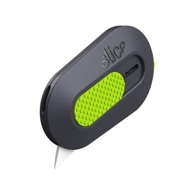 SLICE® minikniv 10514 med mørkegråt håndtag og limegrøn grebspude, viser et hvidt keramisk blad med afrundet spids.