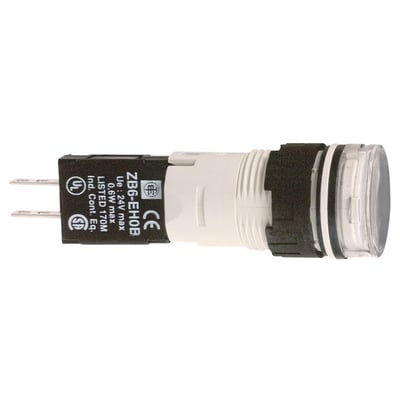 Detalje af Schneider Electric XB6-EH0B hvid signallampe Ø16 mm, tydeligt mærket med typebetegnelse og godkendelser.