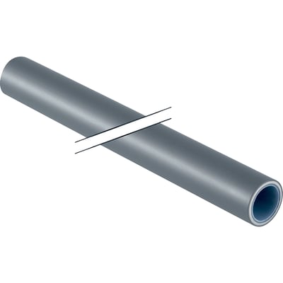 Geberit FlowFit PE-RT-alu-PE-RT-rør, 20x2mm, i sølvgrå farve, vist i en isometrisk vinkel på hvid baggrund.