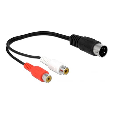 Sort Delock lydkabel på 20 cm, med 5-pin DIN hanstik i den ene ende og 2 RCA hunstik i den anden.