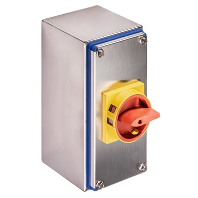 Kraus & Naimer sikkerhedsafbryder i rustfri stål kapsling med rød/gul greb, 63A, 4 polet og IP66 rating.