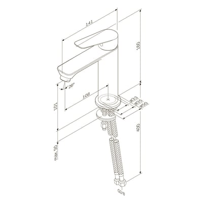 Teknisk tegning af AM.PM Hit et-grebs håndvaskarmatur i hvid, viser dimensioner i mm og 3/8" tilslutning.