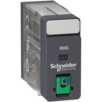Schneider Electric Harmony RXG stikbensrelæ med 2 C/O kontakter, 6 VDC forsyning, testknap og mekanisk indikator.
