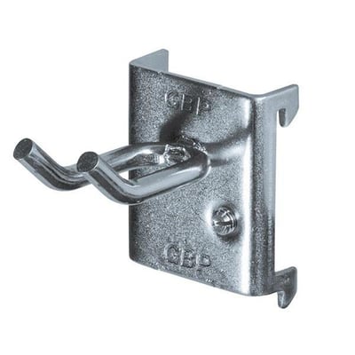 Galvaniseret dobbeltkrog med målene Ø5x38x7 mm til ophæng af værktøj på perforerede paneler.