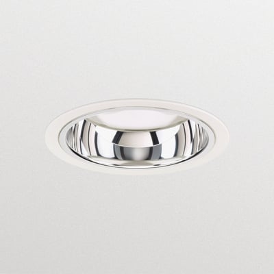 Philips LuxSpace Downlight Mini DN560B indbygningsspot i hvid aluminium med blank reflektor, monteret i et hvidt loft.