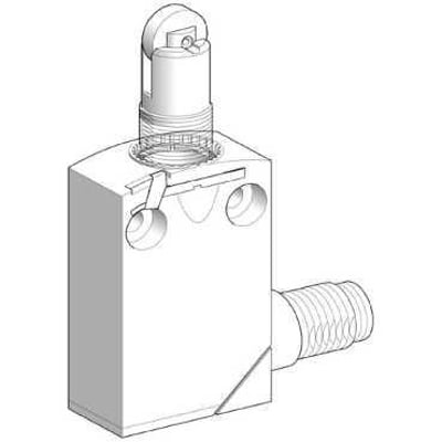 Schneider Electric endestop XCMD med M12 stålhus, stempel og rulle, 1 C/O kontakt og M12 tilslutning, præsenteret i en teknisk tegning.