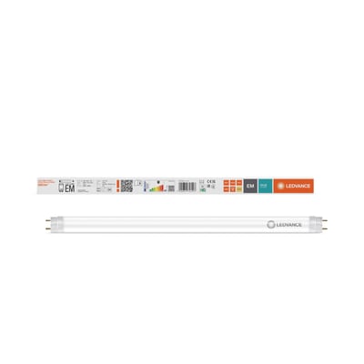 Hvid LEDVANCE T8 Value LED-rør på 438 mm med G13-ben, vist sammen med emballagen.
