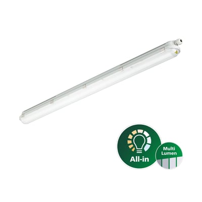 Hvidt Philips CoreLine WT120C Gen3 industriarmatur på 1200 mm med All-in- og Multi Lumen-symboler.