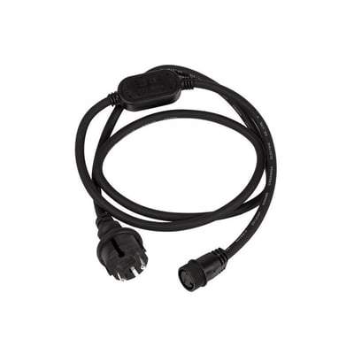 Sort 1,5 meter Ranceo 230V kabel til LED-strip med rundt stik og europæisk strømstik, vist på hvid baggrund.