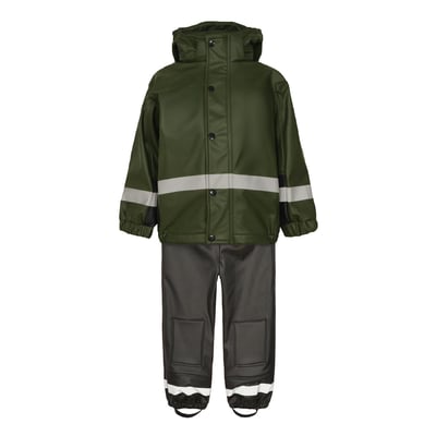 Lyngsøe Rainwear F2552 regnsæt i grøn og sort til 8 år med hætte, reflekser og forstærkede knæ.