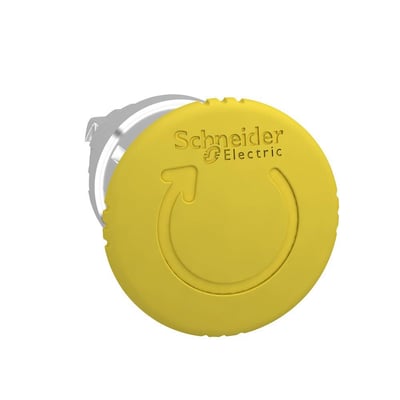 Schneider Electric paddetrykhoved ZB4 i gul med tryk-drej funktion og krombelagt frontring på 40mm diameter.