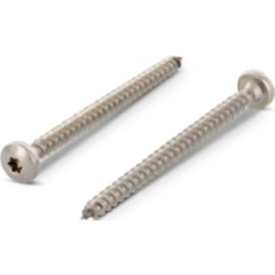 To rustfri A4 spånpladeskruer med pan hoved og Torx TX spor, 4,0x35 mm, med Gleitmo 615 overflade.