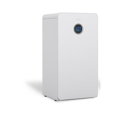 Bosch Compress 7800i LWF 2-6 jordvarmepumpe i hvidt kabinet med rundt display, set forfra og fra siden.