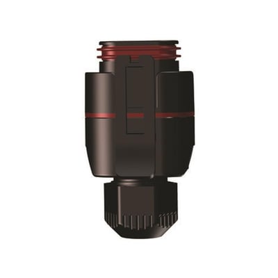 Sort Grundfos-stik til ALPHA/Magna- og Comfort-pumper med røde detaljer, set forfra.