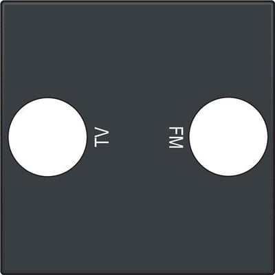 Niko afdækning til antenneudtag i antracit med tydelige TV og FM symboler samt hvide cirkler til tilslutning.