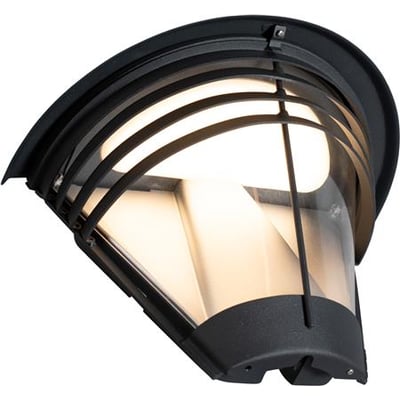 Hide-a-lite Pave Top Deco IV vægarmatur med sort buet skærm og klart glas, set skråt forfra med lyset tændt.