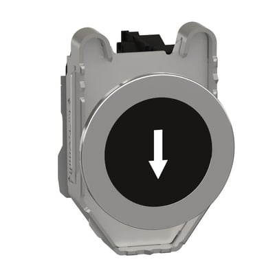 Schneider Electric trykknap komplet med sort, plan overflade og hvid pil nedad symbol, monteret på grå bagstykke med 1xNO kontaktelement.