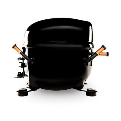 Embraco NEU2170UA-kompressor til 230 V og 50 Hz med sort, afrundet kabinet og kobberfarvede rørtilslutninger.