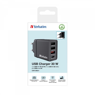 Verbatim CHR-30EU1 USB oplader 30W i sort, vist i original emballage med tydelig mærkning af porte og funktioner.