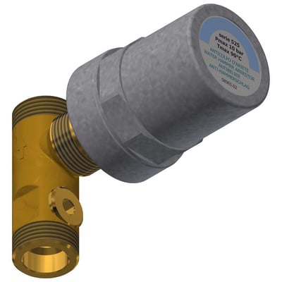 Nærbillede af Metro Therm trykudligner mærket serie 525, Pmax 10 bar og Tmax 90°C, med et T-stykke i messing.