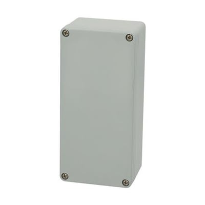 Fibox Euronorm II monteringskasse i grå polyester, dimensioner 75x160x55 mm, med synlige skruer i hjørnerne.