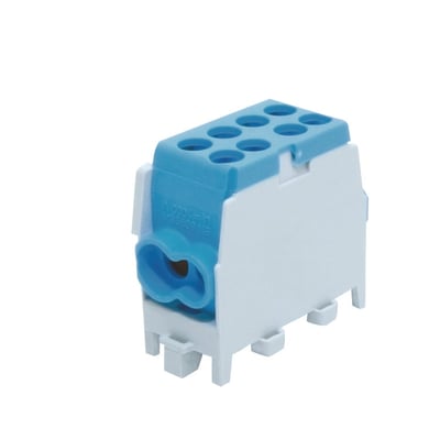 HLAK klemme fra Pollmann i blå og hvid, med 2 skruer pr. indgang til 35mm2 og 25mm2 ledere.