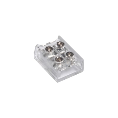 Transparent skruesamler til 8mm enkeltfarvede LED strips med fire skruer til sikker tilslutning, IP20 klassificering.