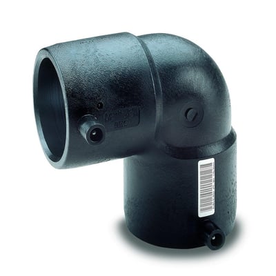 Sort el vinkel til rør, 200mm x 90 grader, EU SDR11 standard, 16 bar trykklasse med tydelige mærkater.