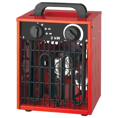 Wexim varmeblæser på 2 kW i rødt metalkabinet med sort bærehåndtag og kontrolpanel med knapper.