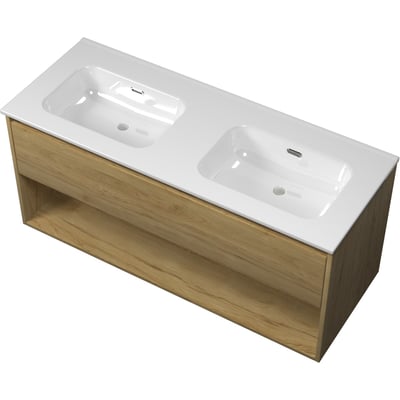 Sanibell Proline møbelsæt 121x46cm i ideal eg-look med to hvide porcelænsvaske, én skuffe og én åben hylde.