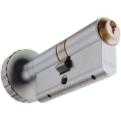 Assa Abloy RD1602-indbygningscylinder med sølvfarvet hus, nøgleåbning i enden og rund drejeknap.
