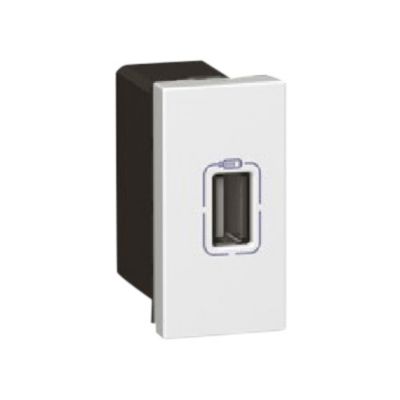 Legrand Mosaic USB strømforsyning type A+C i hvid, 1,5A, 7,5W, 1 modul, viser et enkelt USB-A udtag med batteri-ikon.