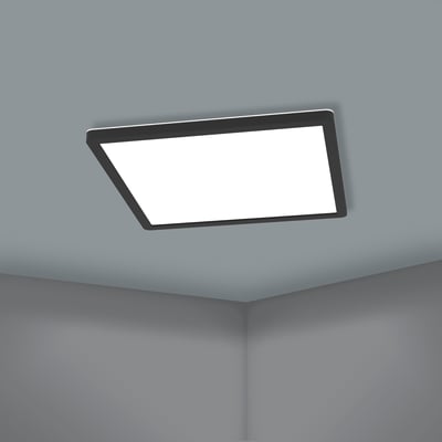 EGLO Rovito-Z loftpanel monteret på et gråmalet loft i et hjørne af et rum.