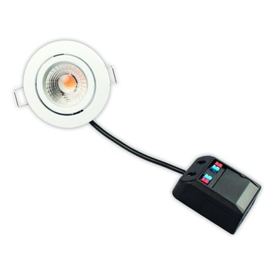 Scan Products Claudia Looping LED-indbygningsspot i mat hvid, set forfra med kabel og tilslutningsboks.