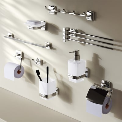 Oversigt over badeværelsesudstyr fra AM.PM med toiletpapirholder med låg, sæbeholder og tandkrus.