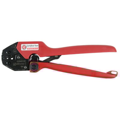 Nærbillede af Elpress GEB4010C Miniforce tang, viser presseområdet med markeringer og mærket 'Certified Tool'.