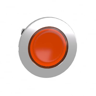 Detaljebillede af Schneider Electric flush trykknaphoved i skinnende orange farve, designet til LED belysning og flush montage.