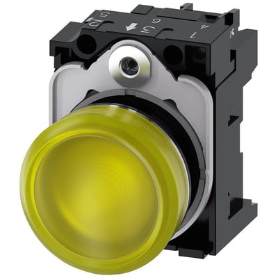 Siemens SIRIUS ACT indikatorlampe med rund gul linse og metalramme, vist skråt forfra med holder.