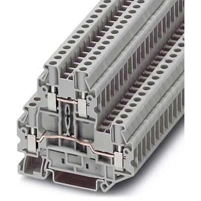 Phoenix Contact Etageklemme UTTB 4 med 4mm² ledningsevne og skruetilslutning, grå, med interne broledere synlige.